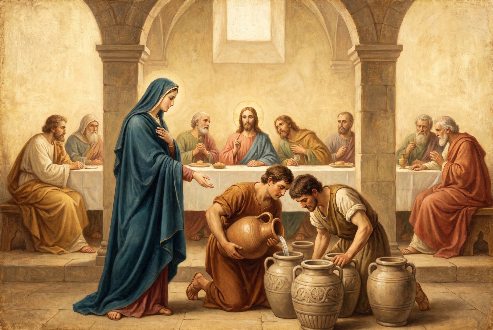 Pintura de las bodas de Caná: María señala a los sirvientes que llenan las tinajas ante Jesús